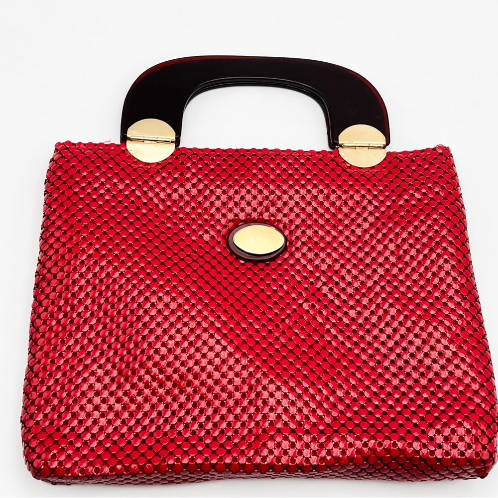 Vintage Bright Red Chainmail Big Lucite Handle Handbag